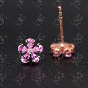 Pink Sapphire Diamond Sakura Cherry Blossom Flower Stud Earrings 14K Rose Gold